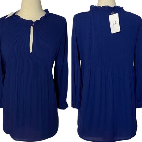 NWT Halston Ruffle Neck Pleated Peasant Blouse - Picture 1 of 8